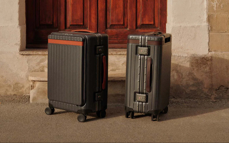 Two suitcases in front of a wooden door.